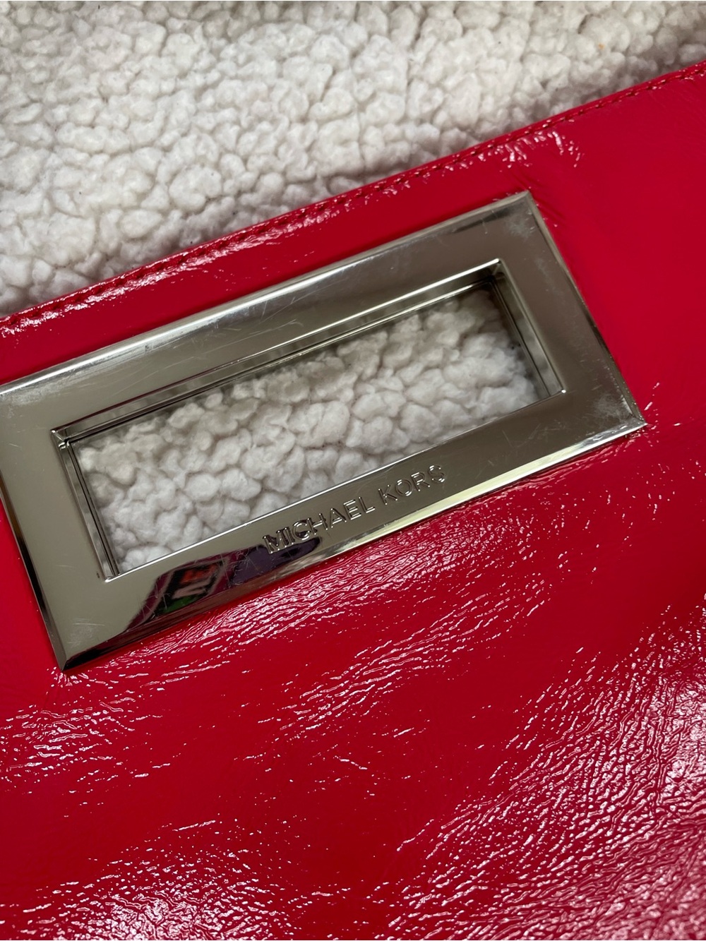 MICHAEL Michael Kors Red Patent Leather Clutch with Rectangular Metal Handle - Picture 6 of 7